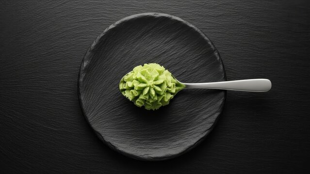 Green wasabi rosette on silver spoon over circular black plate