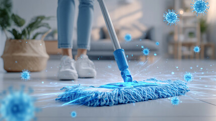Happy woman, mop and cleaning floor with bucket for hygiene, disinfection or housekeeping at home. Female person, cleaner or maid, equipment or supplies for bacteria or germ removal