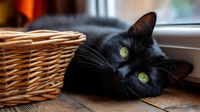 Black cat with green eyes resting by window beside wicker basket - Powered by Adobe