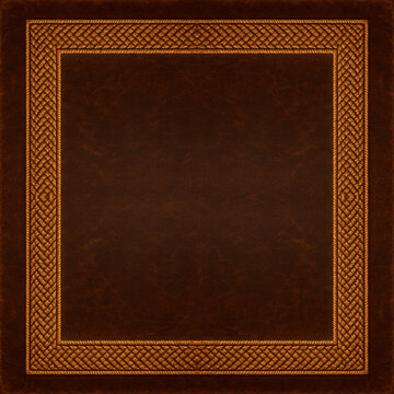 Vintage brown leather background with embossed leather frame, distressed textured surface for luxury covers, certificates and classic branding