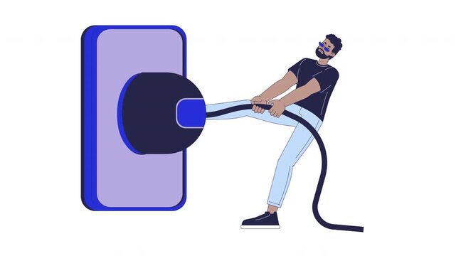 Black man forcefully trying to unplug large power cable outlet 2D character animation. Resistance to energy dependence. African american guy pulling animated person cartoon 4K video isolated on white