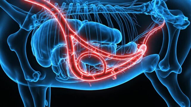 Anatomical illustration of horse showing internal systems and skeleton