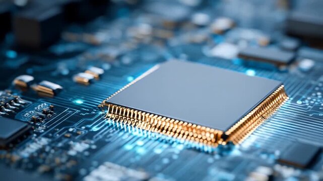 Close up of a modern computer processor chip on a circuit board
