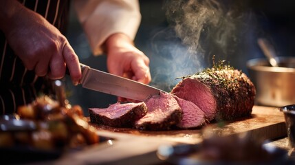 Meat cooked medium-well on a board and smoking