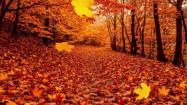 Falling Maple Leaves Slow-motion capture of multiple vibrant maple leaves gently detaching from branches and gracefully drifting downwards through the air. autu