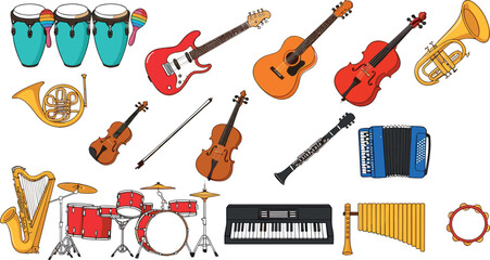 Obraz premium Musical instruments vector set with guitar, piano, drums, violin, trumpet and percussion icons in colorful flat cartoon illustration style isolated on white background