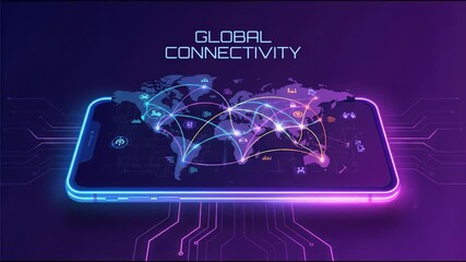 Global connectivity map on smartphone screen with glowing network arcs, neon world map and data icons illustrating global communication, technology and network connectivity across continents - Powered by Adobe
