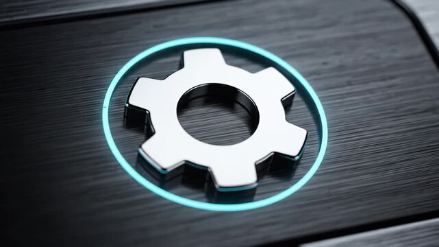 Shiny polished metal gear icon brushed dark black surface with glowing cyan teal ring and soft progress arc, technology interface settings engineering detail conveying modern industrial design