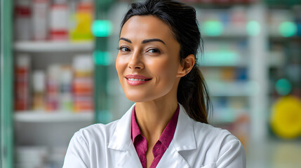 Confident female pharmacist smiling in modern pharmacy interior