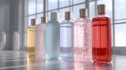 Naklejka premium Photorealistic 3D close-up render of unlabeled shampoo bottles, glossy oily texture. Concept: Beauty, cosmetics branding, product presentation, minimalist packaging, premium skincare and haircare mark