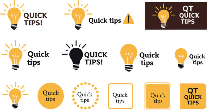 Quick tips light bulb icons vector set with idea symbols, hints labels and notification badges in flat modern style isolated on white background