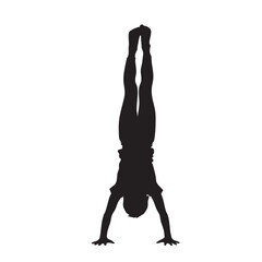 Fototapeta premium Handstand silhouette child practicing gymnastics vector illustration black outline isolated white background young person performing acrobatic pose physical activity.