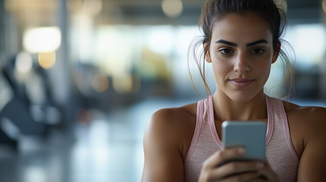 Determined Fitness Woman on Phone in Gym, Soft Lighting and Professional Color Grading