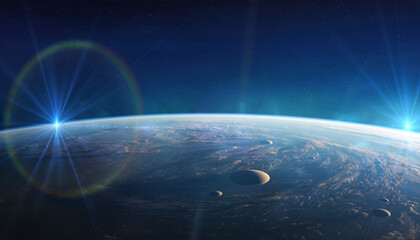 Space-inspired horizon line with subtle atmospheric glow and celestial firefly effect