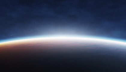 Panoramic view of a Firefly Planet-like horizon glow with minimal stars, showcasing futuristic elegance and serene celestial landscape