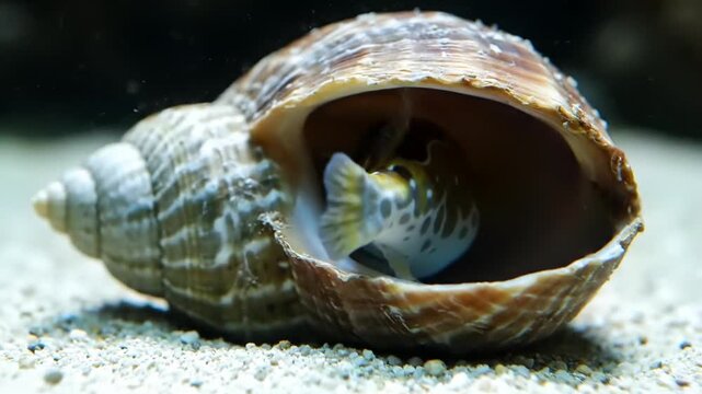 A vibrant pufferfish swims in and out of its shell in the ocean video