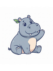Fototapeta premium Cartoon hippopotamus sitting and waving on a white background. 