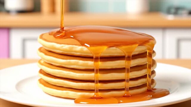 Syrup is being poured onto a stack of pancakes in a modern kitchen for a promotional video