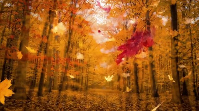 Forest Floor Blanket A wide, establishing shot capturing a dense autumn forest with countless colorful leaves continuously falling and gracefully settling on th
