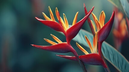Close up of vibrant red and yellow heliconia flowers tropical plant details