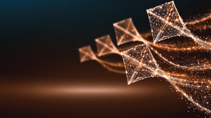 Abstract Polygon Kites Flying with Glowing Network Trails, Technology Background