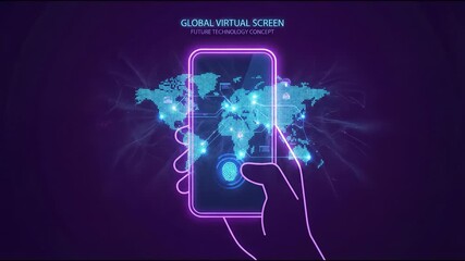 Neon smartphone fingerprint hologram world map connectivity biometric security technology global virtual screen glowing network illuminated data nodes secure login futuristic digital projection - Powered by Adobe