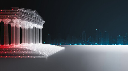 Digital Finance or Justice Architecture Concept with Glowing Wireframe Building and City Skyline