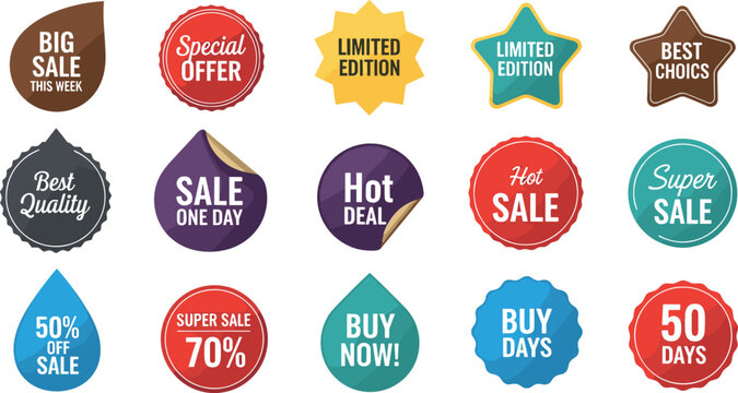 Sale and promotion badge icons set featuring discount labels, special offer stickers, limited edition tags, and marketing price labels for retail and ecommerce design