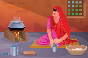 Rajasthan Village Woman Working in Traditional Kitchen, Rural Indian Woman Working in Traditional Kitchen, Rajasthan