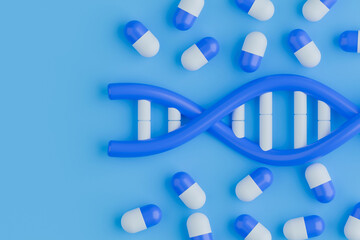 3D medical illustration of a DNA surrounded by drug capsules on a blue background. Represents genomics and pharmacology in genetic based treatment, precision medicine.