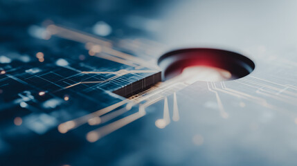 Abstract close-up of a futuristic circuit board with glowing data lines and central socket