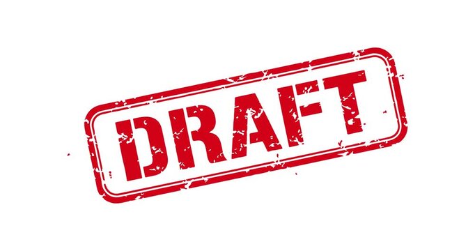 Red grunge rubber stamp impression stating 'DRAFT' on a clean white background, signifying an unfinalized document or preliminary version for review and approval