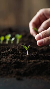 Tiny sprouts breaking through rich soil under gentle human care. A timelapse-inspired scene that represents growth, new beginnings, and sustainable living