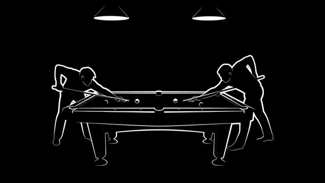 Action-Pool Game, Players, Billiards Hall, Illustration, Dark Setting