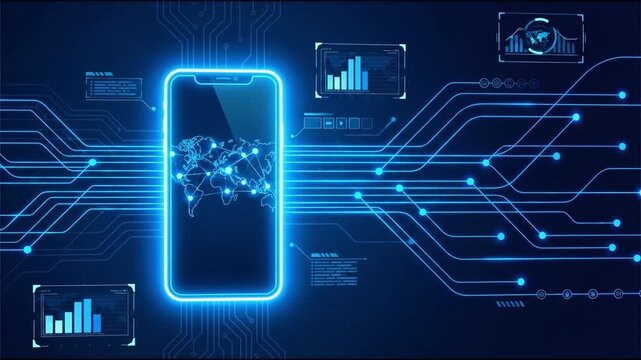 Neon smartphone with world map and data connections glowing circuit lines linking global network and analytics charts futuristic digital communication and technology visualization neon smartphone