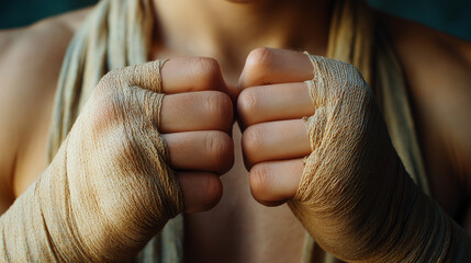 Boxer's Hands Being Wrapped with Vintage Cloth Tape, Ritual and Preparation in Soft Gym Light, Cinematic Close-Up.