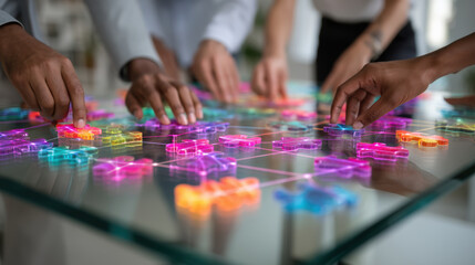 Fototapeta premium Hands of diverse people playing colorful glowing tic tac toe game on glass table, engaging in fun and strategic activity together