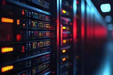 IT data center server rack corridor with red and blue LED activity on high density computing hardware, perfect for AI systems, cloud operations, and enterprise technology