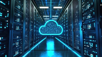 Cloud computing data center corridor with glowing cloud icon and blue server racks, perfect for AI hosting, IT infrastructure, and enterprise cloud technology