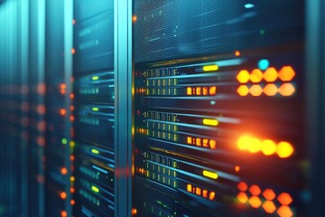 IT data center server rack close up with glowing orange and blue LED indicators on modern computing hardware, perfect for AI systems, cloud infrastructure, and enterprise technology
