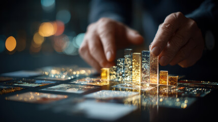 Businessman analyzing glowing bar chart with futuristic digital interface, showing financial growth and success in modern setting