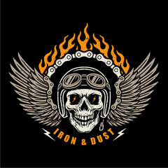 Fototapeta premium Vintage Biker Skull with Helmet, Wings, and Flames – Iron & Dust Motorcycle Emblem