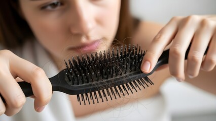 woman with hairbrush in the hear falling issue high quality stock image . JPG .