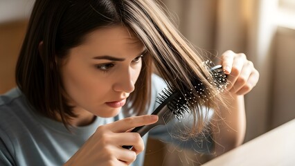 Woman managing hair fall while brushing her hair in a close-up view. JPG click../