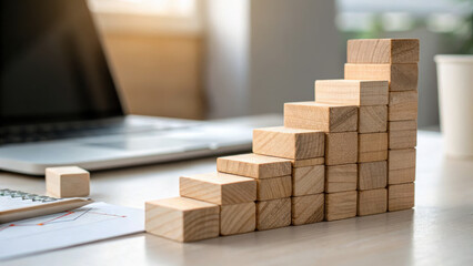 Wooden blocks stacked in ascending order on desk near laptop and paper, symbolizing growth and business strategy concept