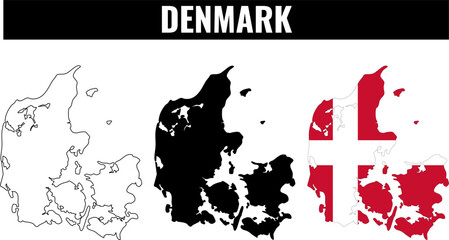 Denmark shapes set showing outline, filled black, and Danish flag design in three sections