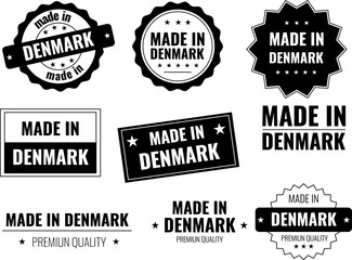 Set of icons showing made in Denmark labels and emblems on a plain background for product identification