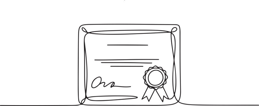 Continuous single line drawn, certificate or diploma with award badge. one line Art icon drawing vector