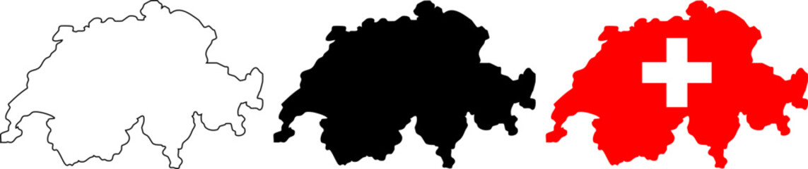 Switzerland shape set featuring outlines and flag representation for educational and design purposes