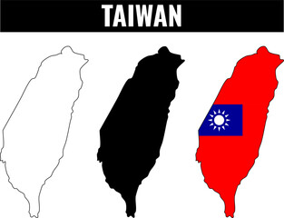 Taiwan shapes set showing different map styles and color variations on a plain background